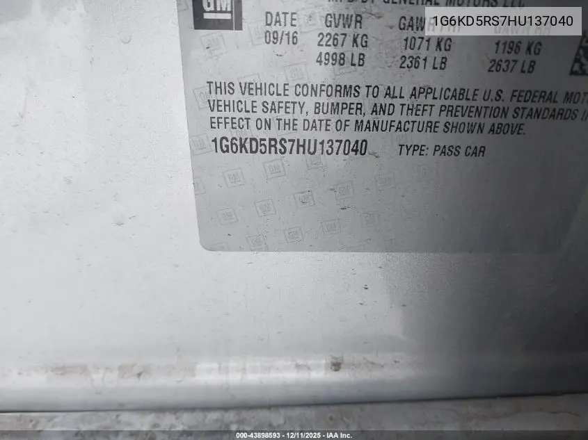 1G6KD5RS7HU137040 2017 Cadillac Ct6 Luxury