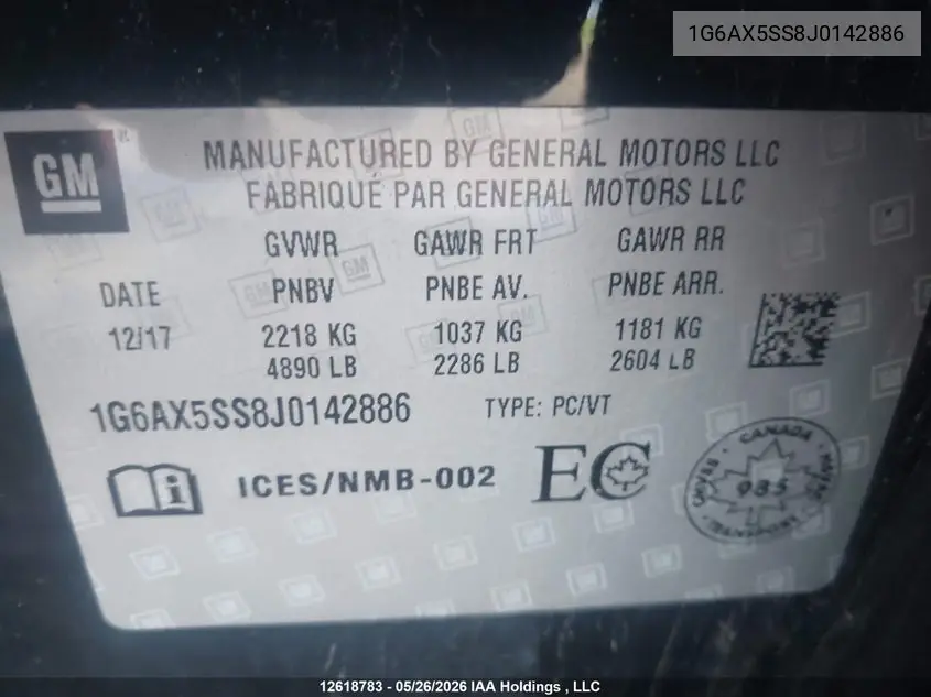 1G6AX5SS8J0142886 2018 Cadillac Cts