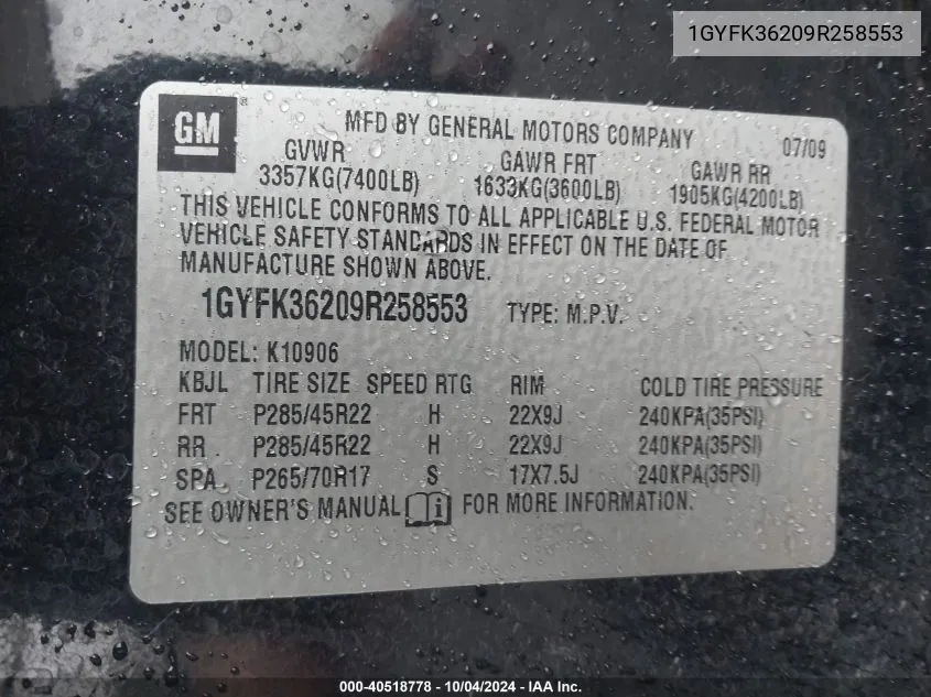 1GYFK36209R258553 2009 Cadillac Escalade Esv Platinum Edition