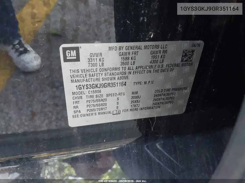 1GYS3GKJ9GR351164 2016 Cadillac Escalade Esv Standard
