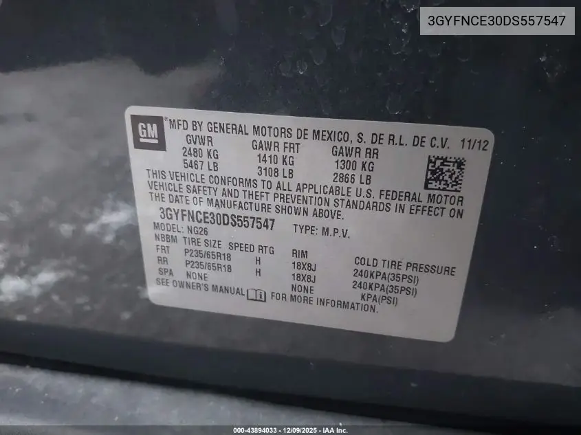 3GYFNCE30DS557547 2013 Cadillac Srx Luxury Collection