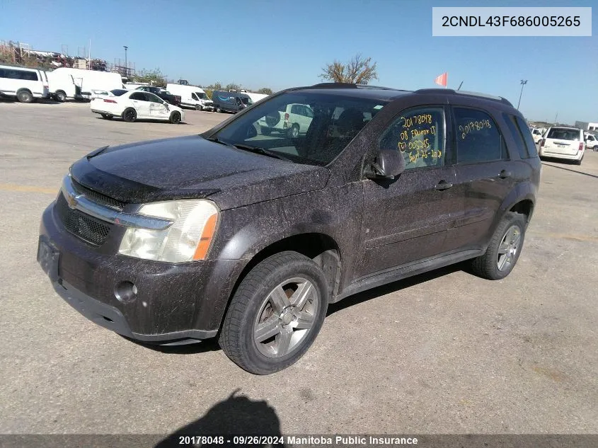 2008 Chevrolet Equinox Lt V6 VIN: 2CNDL43F686005265 Lot: 20178048