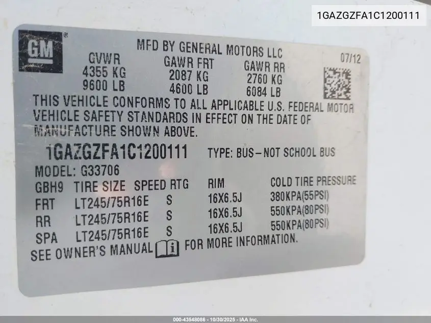 1GAZGZFA1C1200111 2012 Chevrolet Express 3500 Ls
