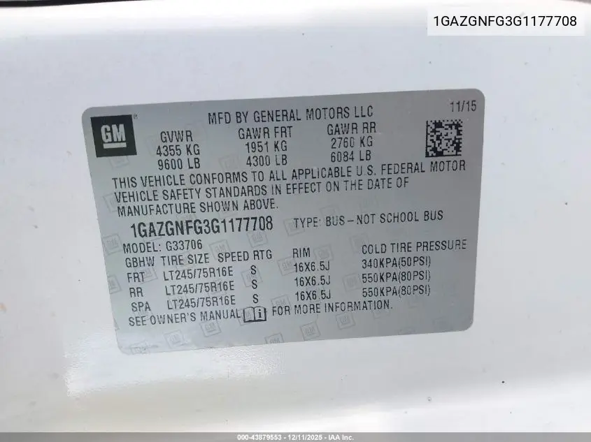 1GAZGNFG3G1177708 2016 Chevrolet Express 3500 Ls