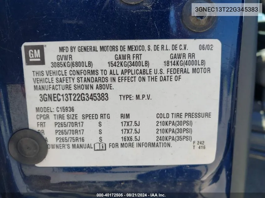 3GNEC13T22G345383 2002 Chevrolet Avalanche 1500