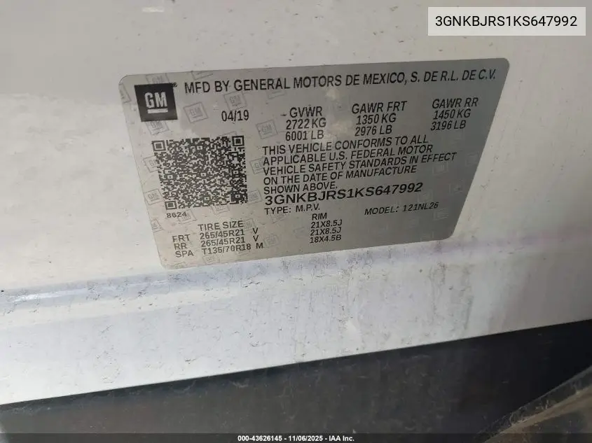 3GNKBJRS1KS647992 2019 Chevrolet Blazer Rs