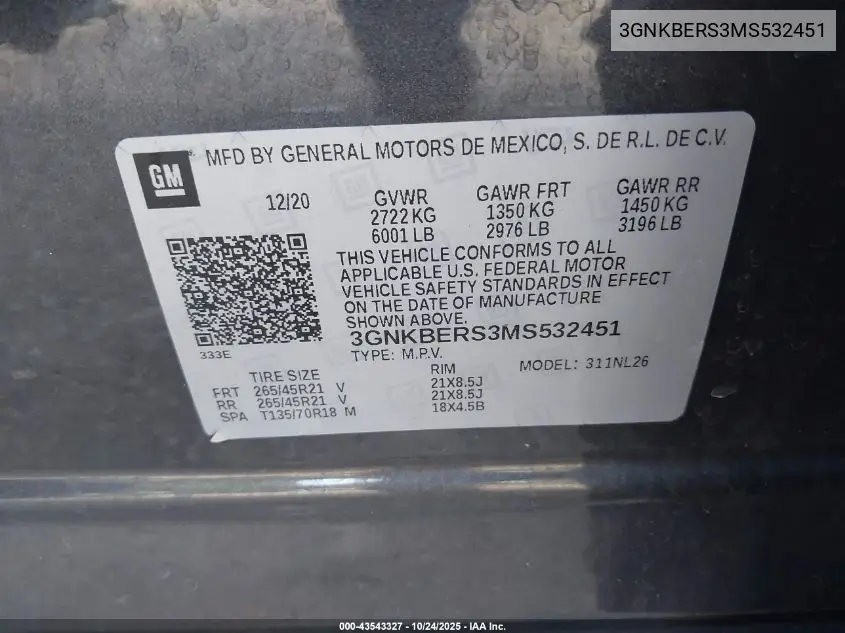 3GNKBERS3MS532451 2021 Chevrolet Blazer Fwd Rs