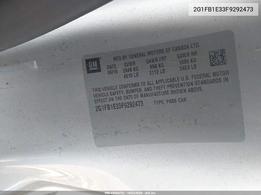 2G1FB1E33F9292473 2015 Chevrolet Camaro 2Ls