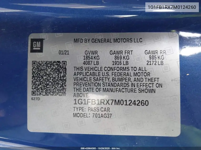 1G1FB1RX7M0124260 2021 Chevrolet Camaro Rwd 1Ls