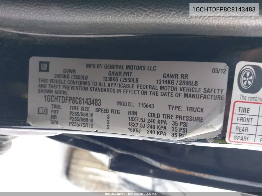 1GCHTDFP8C8143483 2012 Chevrolet Colorado 2Lt