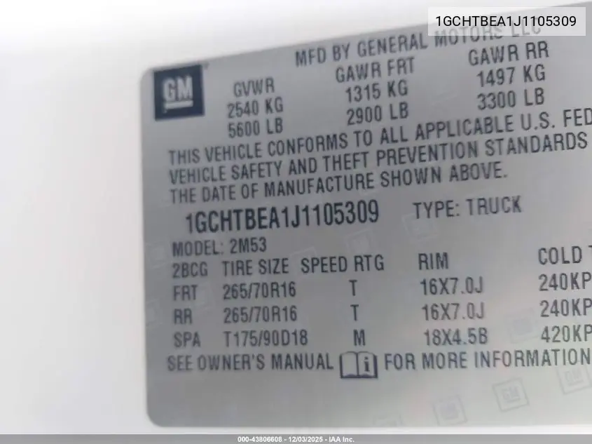 1GCHTBEA1J1105309 2018 Chevrolet Colorado Wt