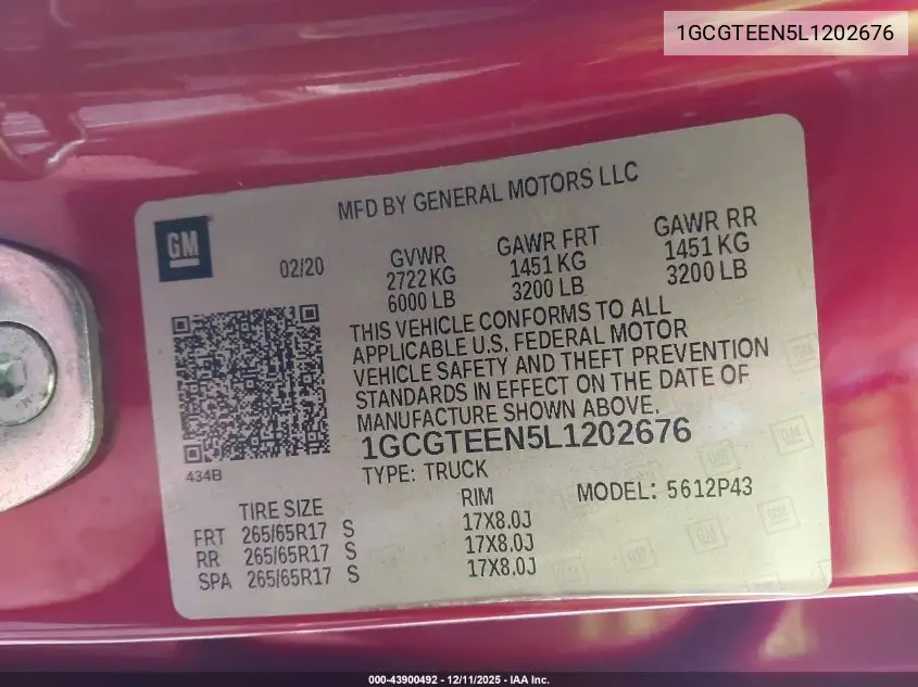 1GCGTEEN5L1202676 2020 Chevrolet Colorado 4Wd Short Box Zr2