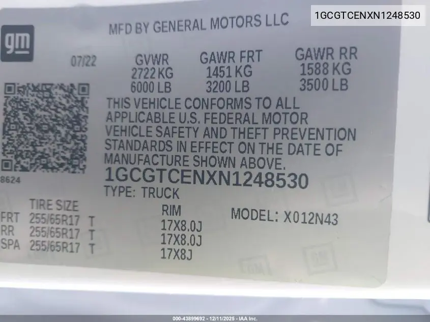 1GCGTCENXN1248530 2022 Chevrolet Colorado 4Wd Short Box Lt