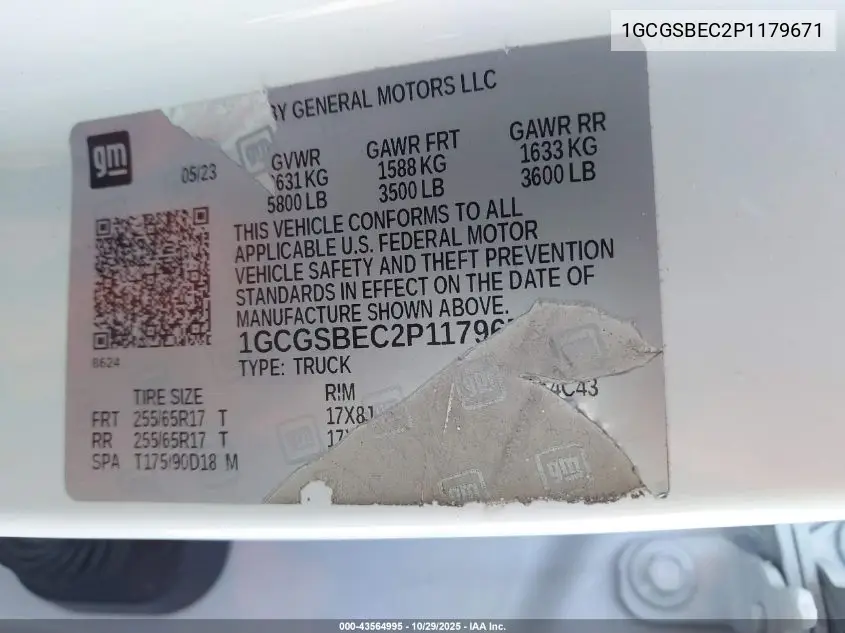 1GCGSBEC2P1179671 2023 Chevrolet Colorado 2Wd Short Box Wt