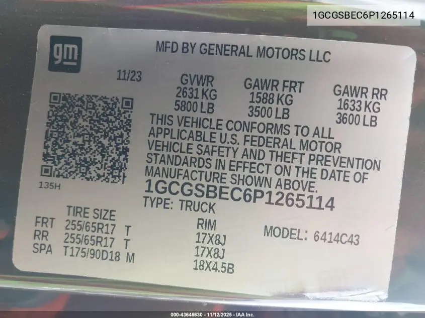 1GCGSBEC6P1265114 2023 Chevrolet Colorado 2Wd Short Box Wt