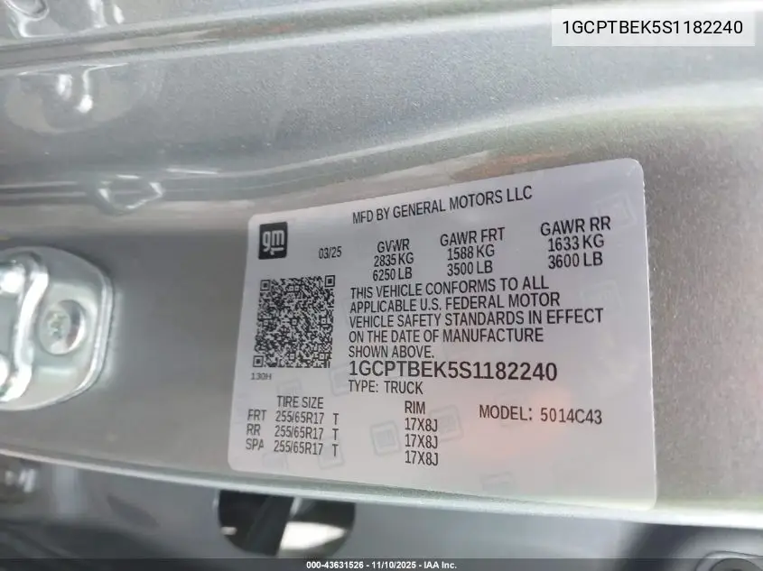 1GCPTBEK5S1182240 2025 Chevrolet Colorado 4Wd Wt