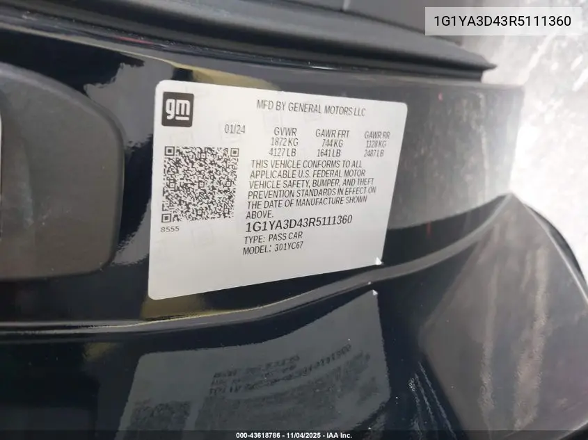 1G1YA3D43R5111360 2024 Chevrolet Corvette Stingray Rwd 1Lt