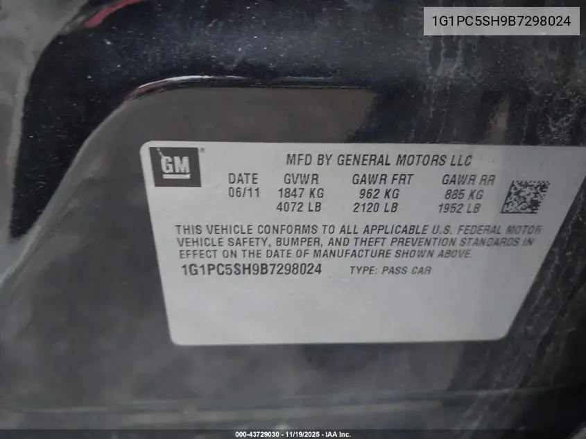 1G1PC5SH9B7298024 2011 Chevrolet Cruze Ls