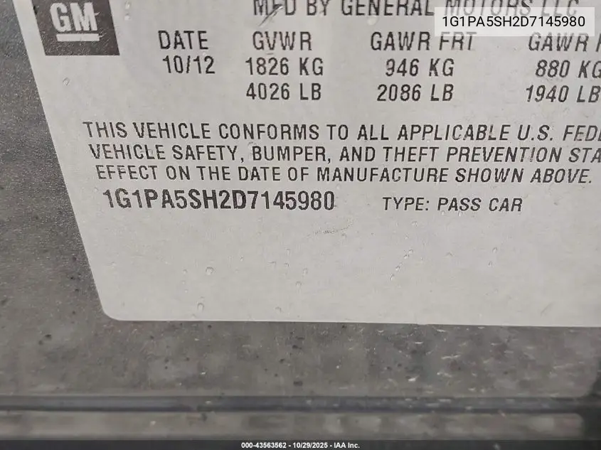 1G1PA5SH2D7145980 2013 Chevrolet Cruze Ls Auto