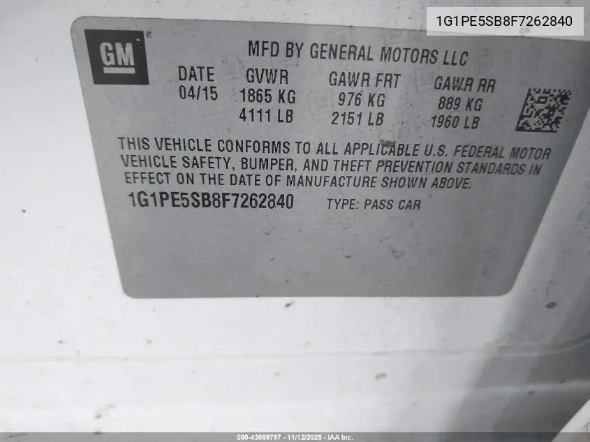 1G1PE5SB8F7262840 2015 Chevrolet Cruze 2Lt Auto
