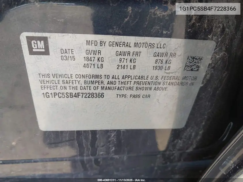 1G1PC5SB4F7228366 2015 Chevrolet Cruze 1Lt Auto