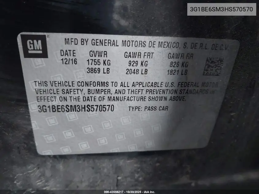 3G1BE6SM3HS570570 2017 Chevrolet Cruze Lt Auto