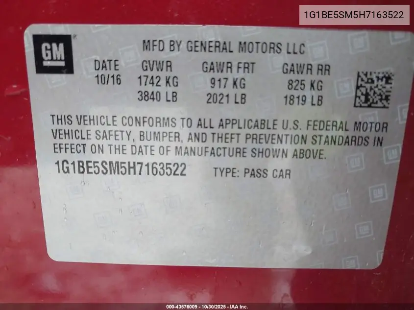 1G1BE5SM5H7163522 2017 Chevrolet Cruze Lt Auto