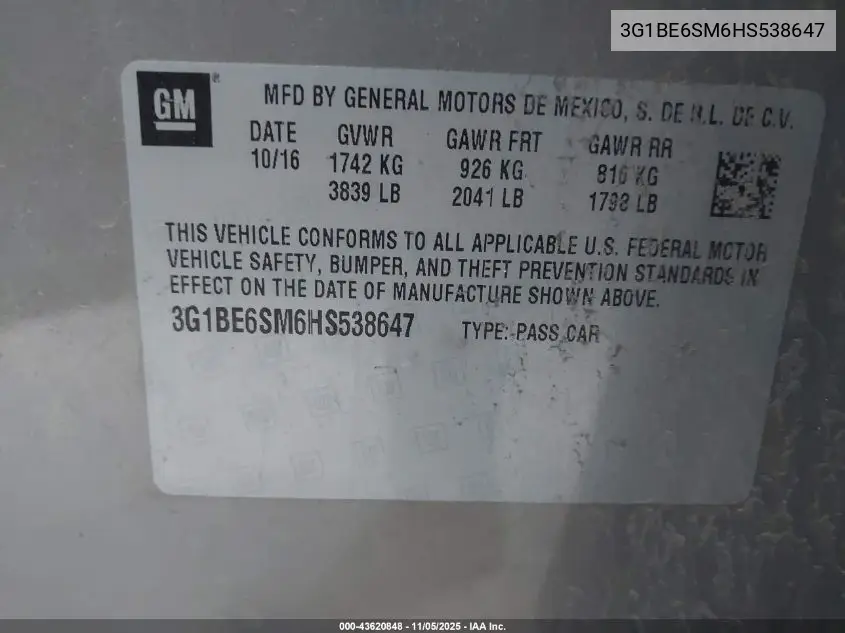 3G1BE6SM6HS538647 2017 Chevrolet Cruze Lt Auto