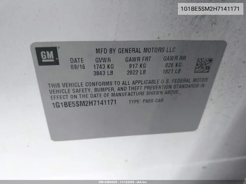 1G1BE5SM2H7141171 2017 Chevrolet Cruze Lt Auto