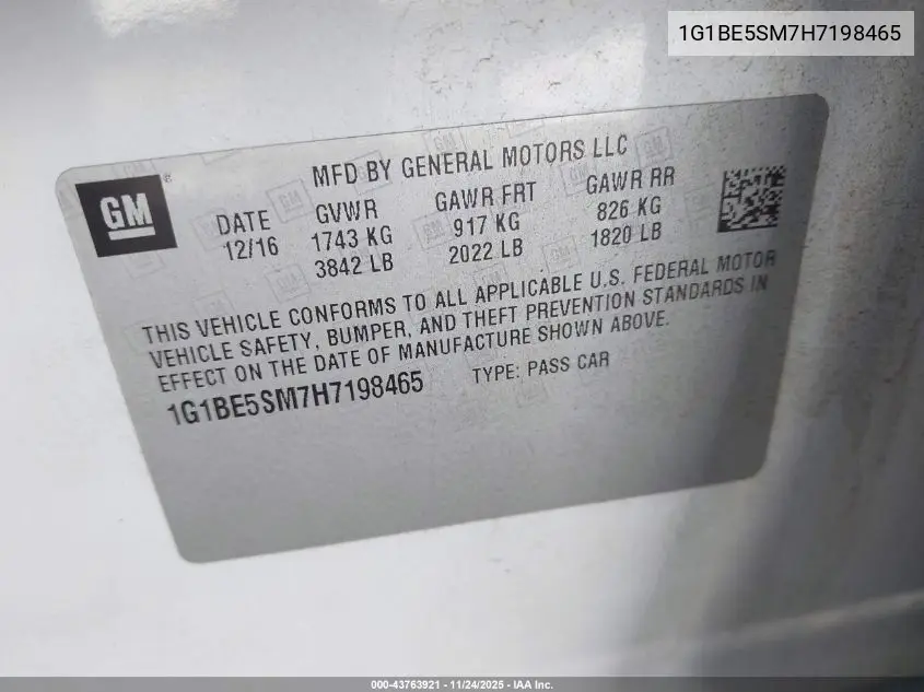 1G1BE5SM7H7198465 2017 Chevrolet Cruze Lt Auto