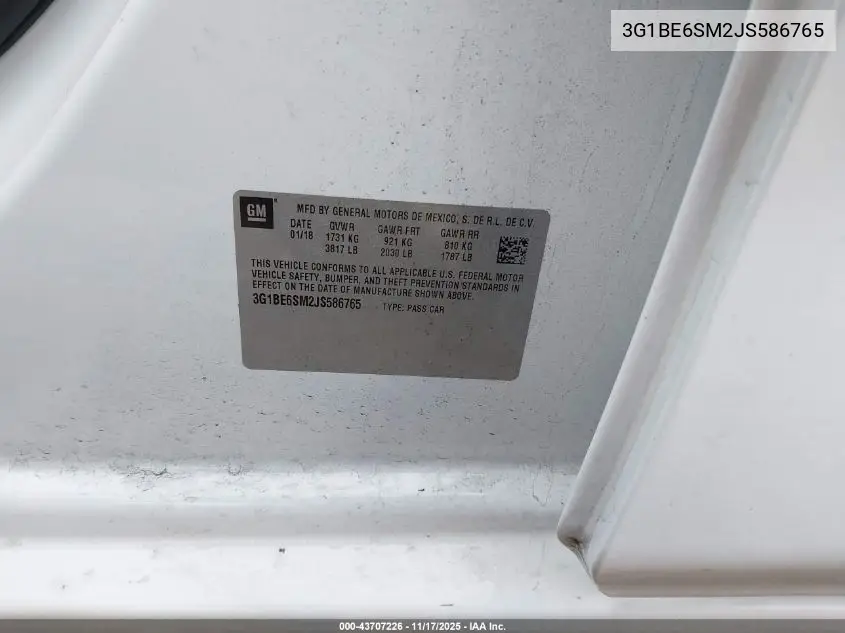 3G1BE6SM2JS586765 2018 Chevrolet Cruze Lt Auto