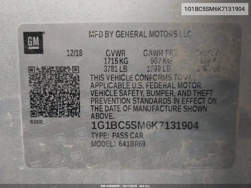 1G1BC5SM6K7131904 2019 Chevrolet Cruze Ls