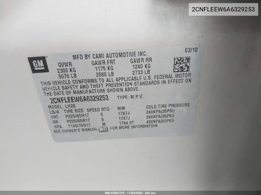 2CNFLEEW6A6329253 2010 Chevrolet Equinox Lt