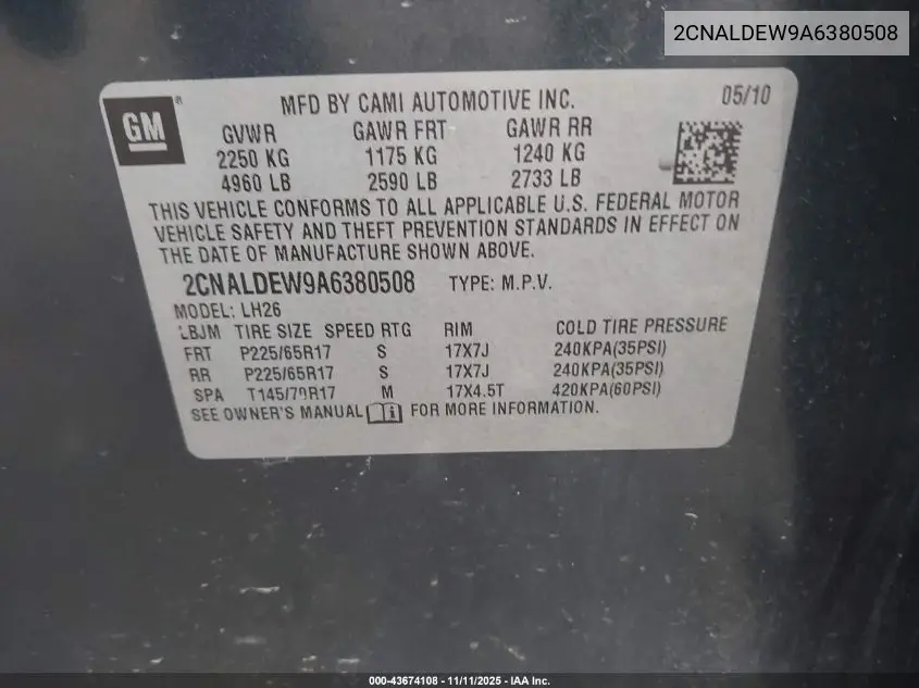 2CNALDEW9A6380508 2010 Chevrolet Equinox Lt