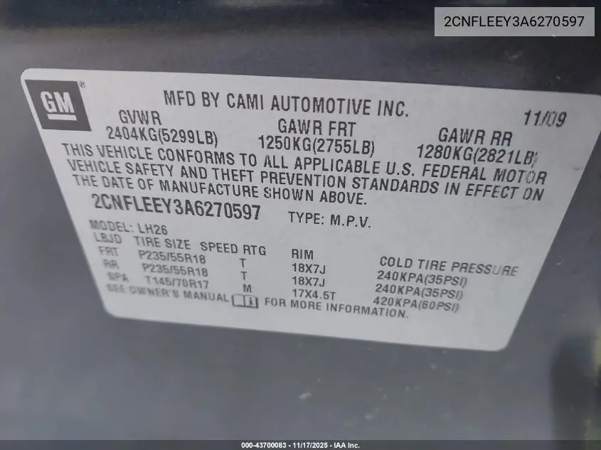 2CNFLEEY3A6270597 2010 Chevrolet Equinox Lt