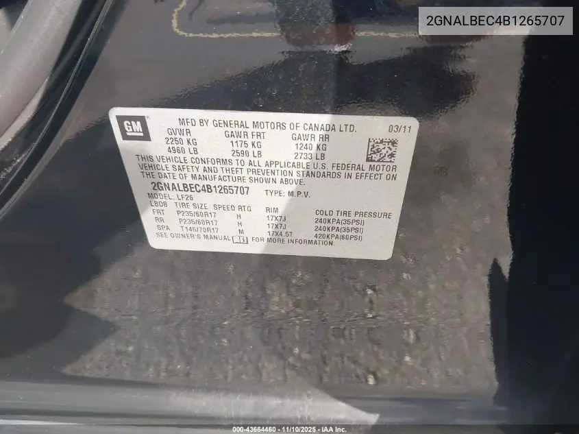2GNALBEC4B1265707 2011 Chevrolet Equinox Ls