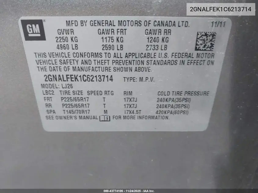 2GNALFEK1C6213714 2012 Chevrolet Equinox Ltz