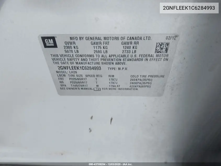2GNFLEEK1C6284993 2012 Chevrolet Equinox 1Lt