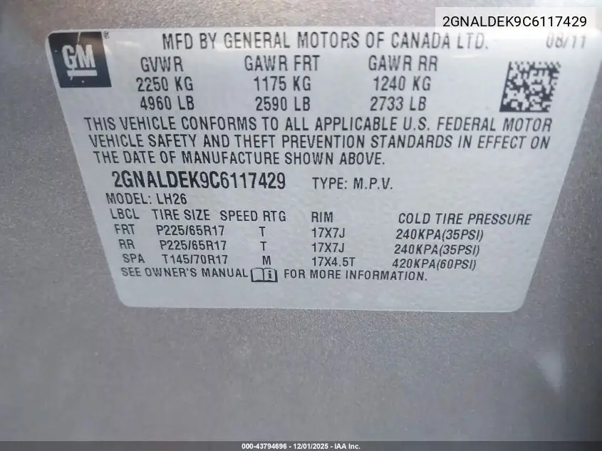 2GNALDEK9C6117429 2012 Chevrolet Equinox 1Lt
