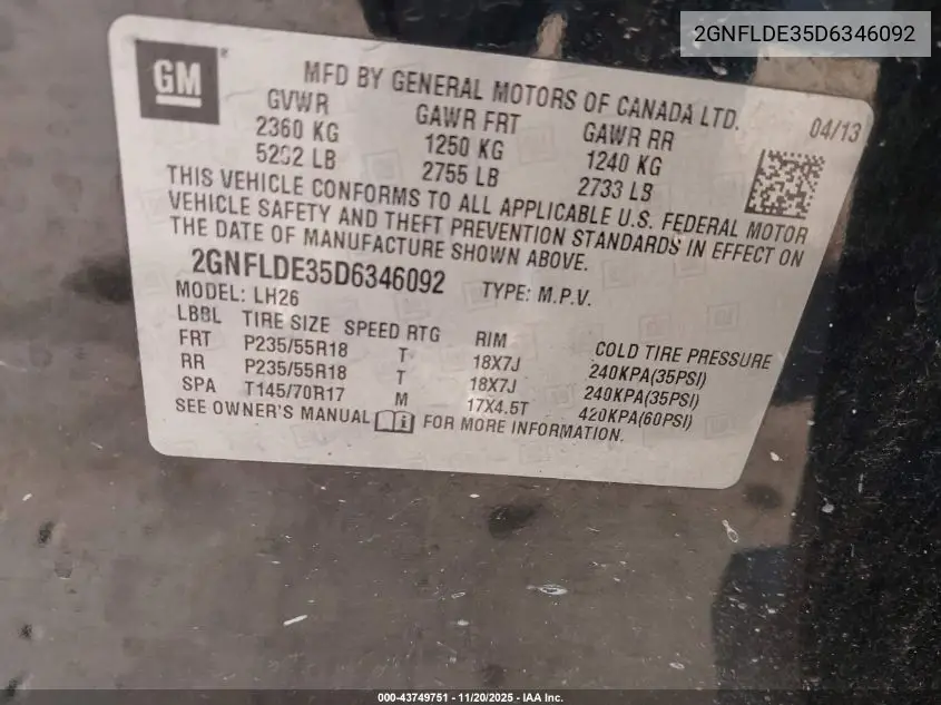 2GNFLDE35D6346092 2013 Chevrolet Equinox 1Lt