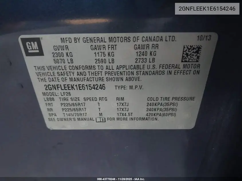 2GNFLEEK1E6154246 2014 Chevrolet Equinox Ls