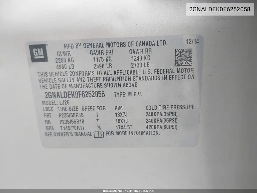 2GNALDEK0F6252058 2015 Chevrolet Equinox Ltz