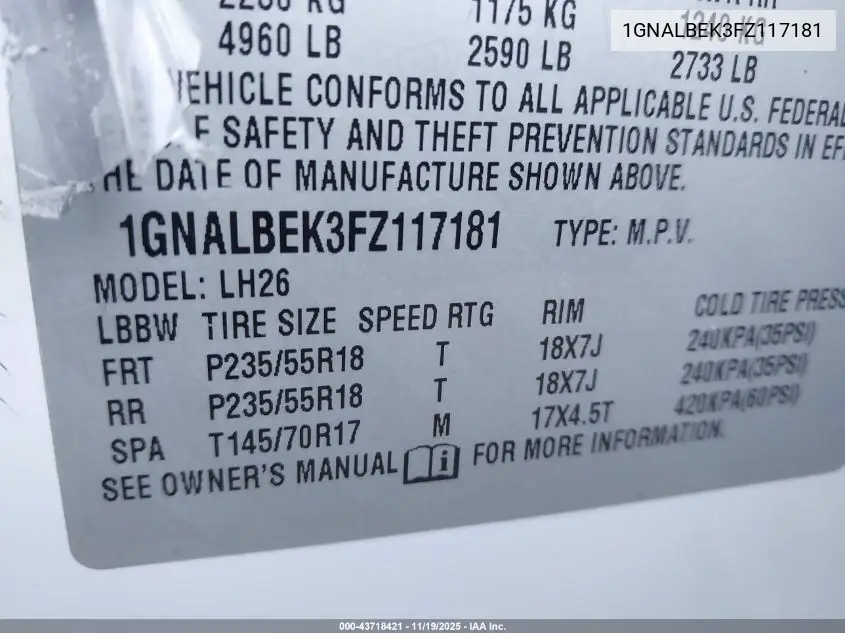 1GNALBEK3FZ117181 2015 Chevrolet Equinox 1Lt