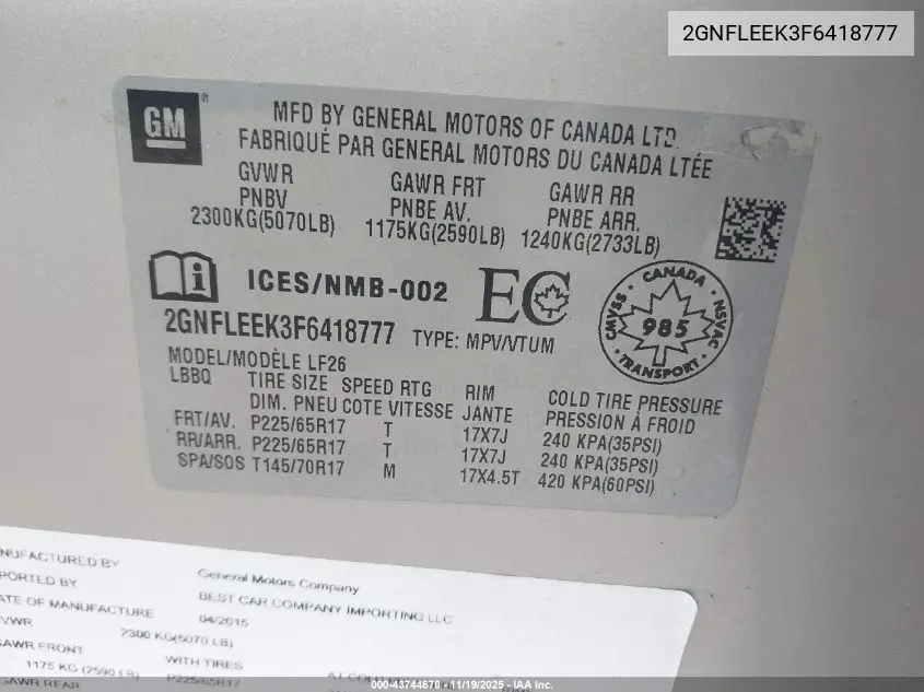 2GNFLEEK3F6418777 2015 Chevrolet Equinox Ls