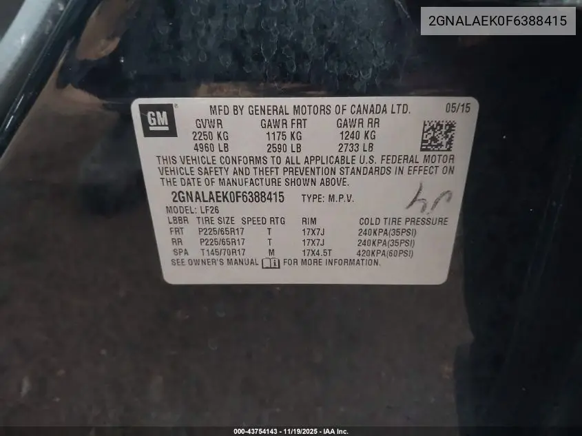 2GNALAEK0F6388415 2015 Chevrolet Equinox Ls