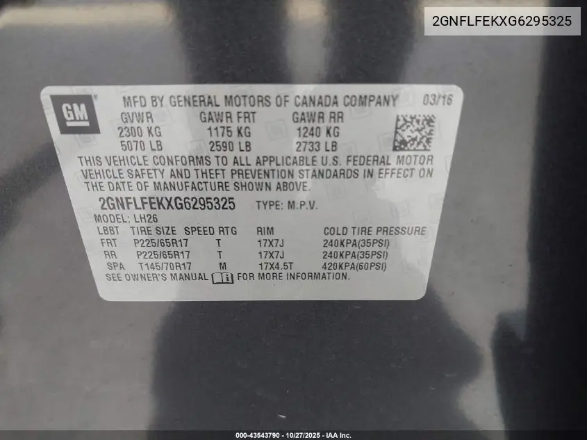 2GNFLFEKXG6295325 2016 Chevrolet Equinox Lt