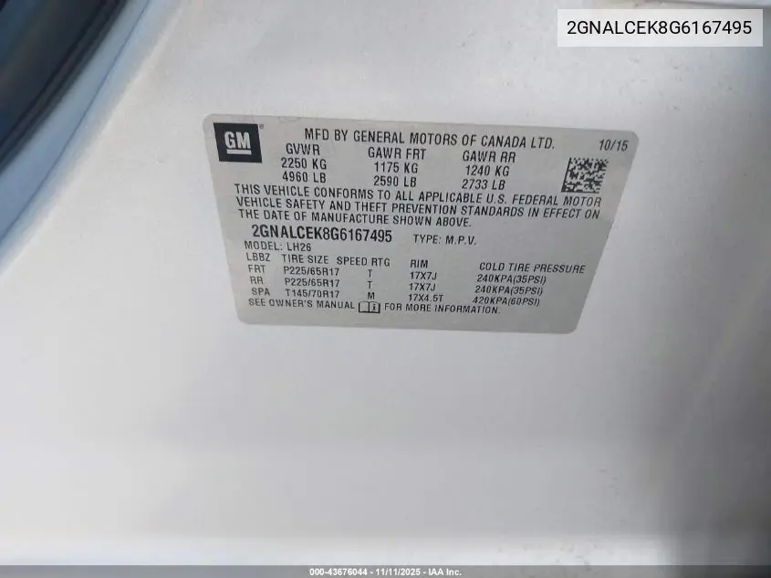 2GNALCEK8G6167495 2016 Chevrolet Equinox Lt