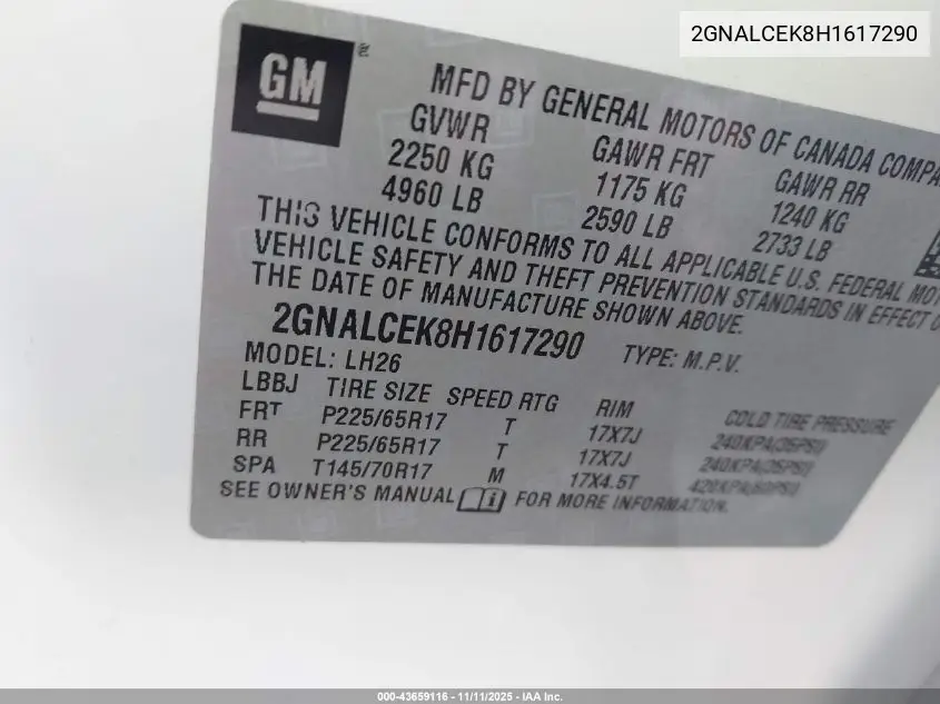 2GNALCEK8H1617290 2017 Chevrolet Equinox Lt