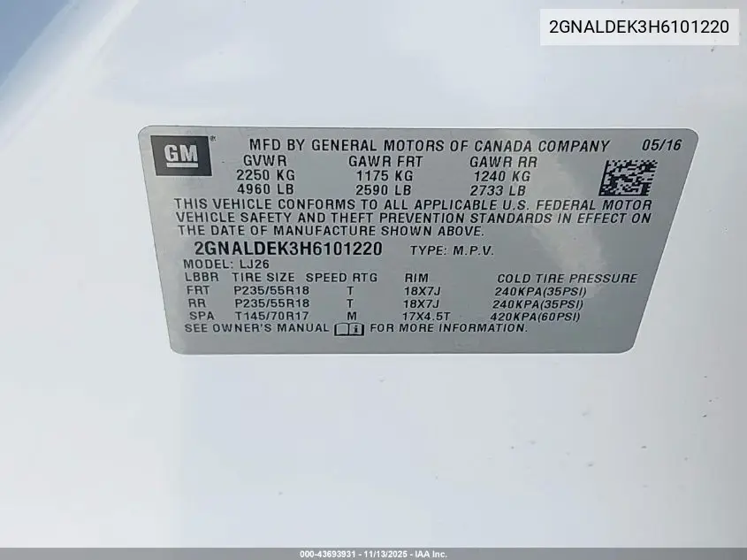 2GNALDEK3H6101220 2017 Chevrolet Equinox Premier