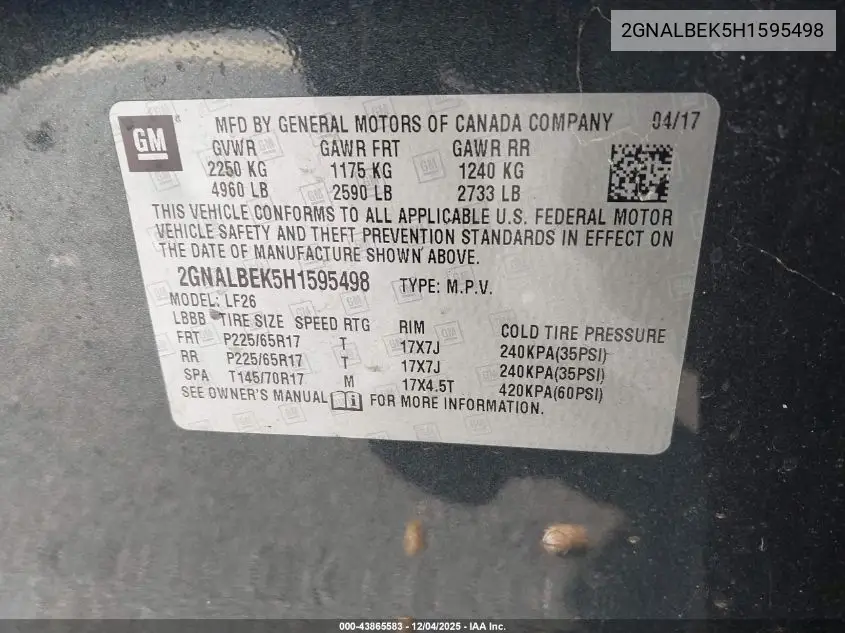 2GNALBEK5H1595498 2017 Chevrolet Equinox Ls
